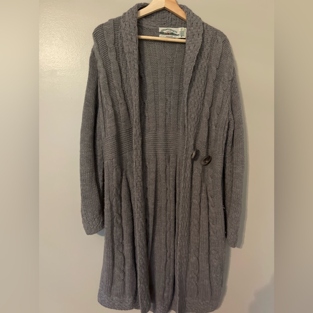 *SOLD* Aran Crafts Ireland Fisherman 100% Merino Wool Long Cardigan Sweater